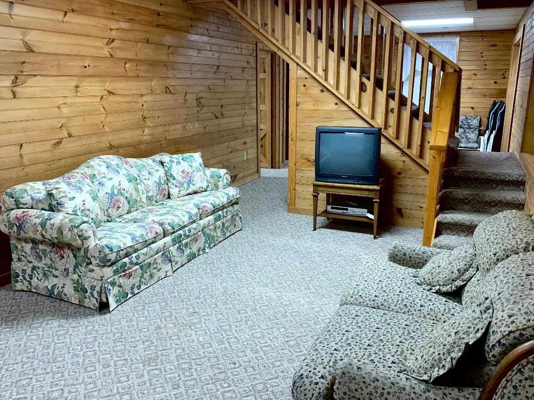 A living room with a couch and a tv.