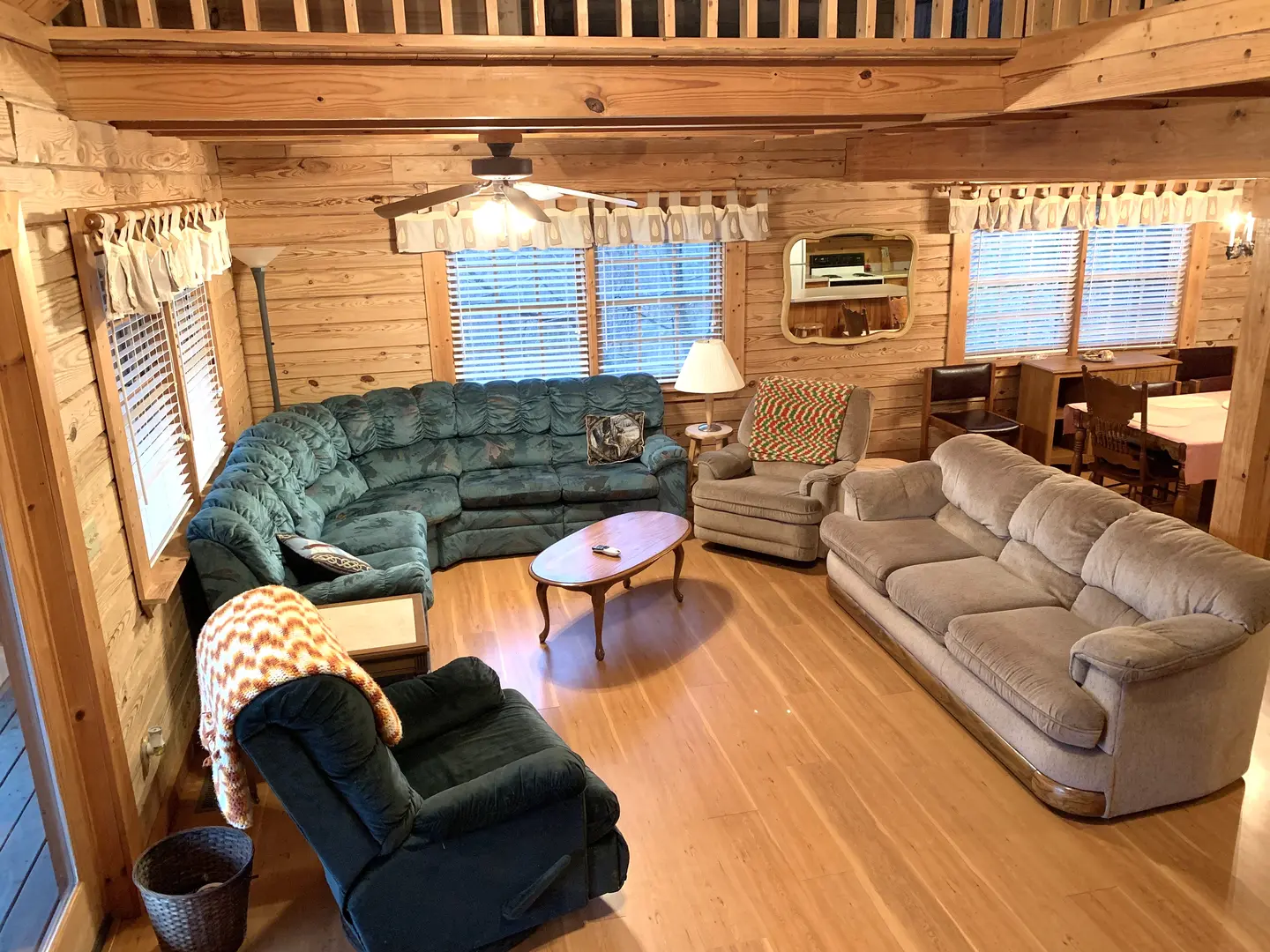 A living room in a log cabin.