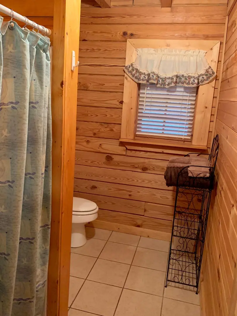 A bathroom with a toilet, shower, and sink.