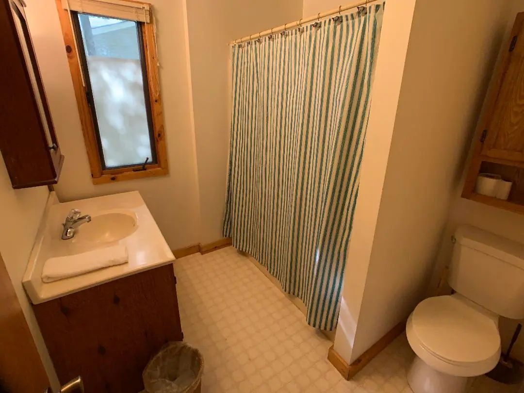 A bathroom with a toilet, sink and shower curtain.