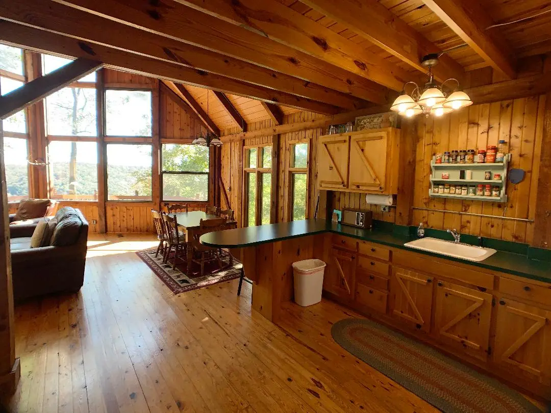 A kitchen in a log cabin.