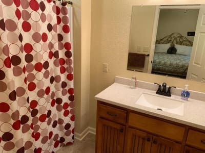 A bathroom with a red and white shower curtain.