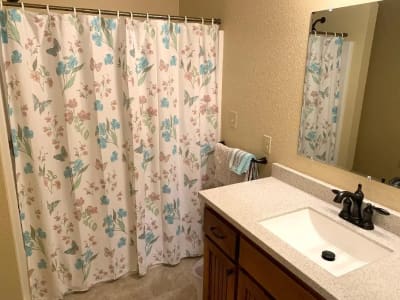 A bathroom with a shower curtain and sink.