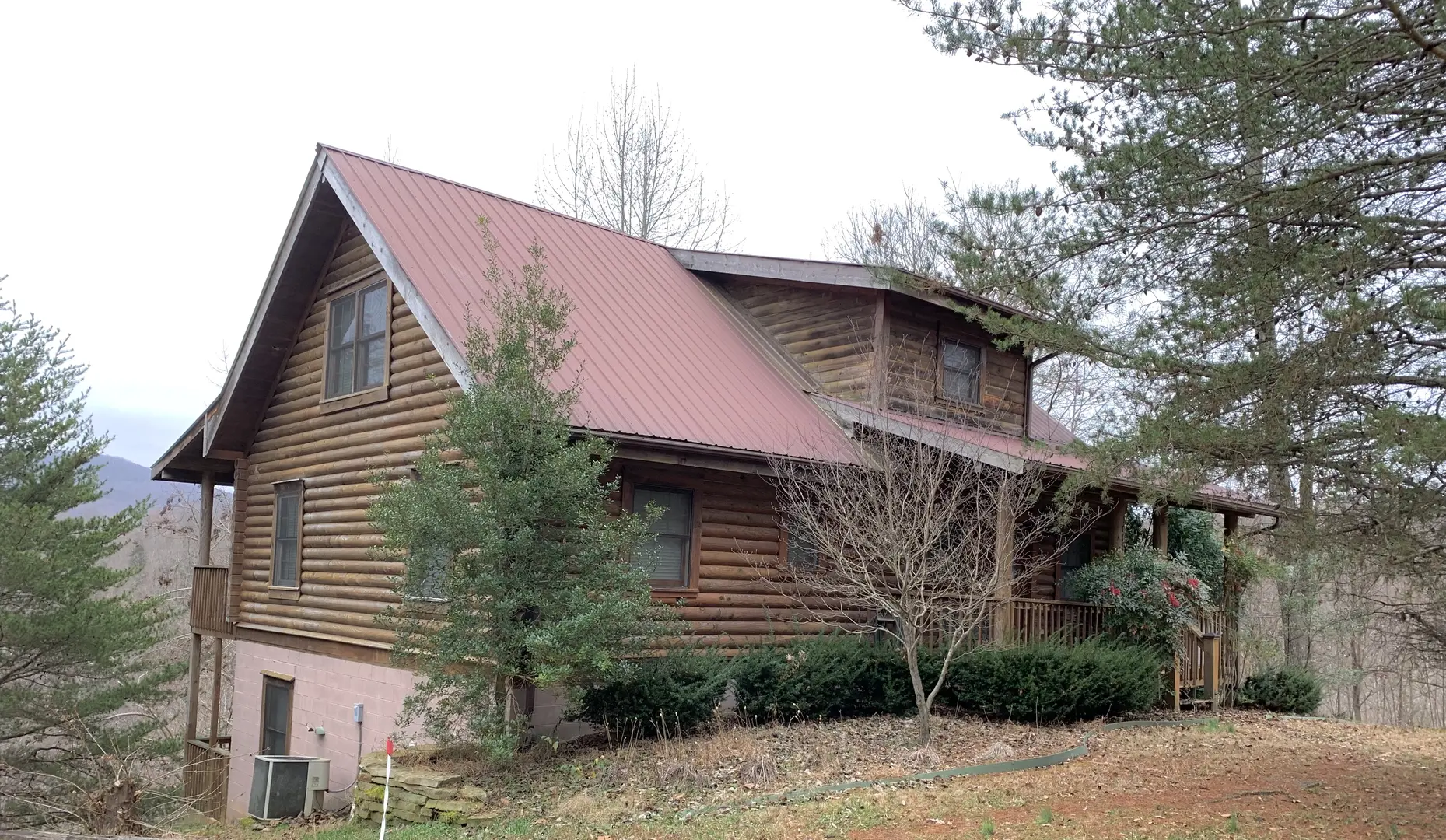 A log cabin in the woods with a metal roof.