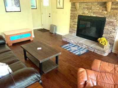 A living room with a fireplace and a couch.