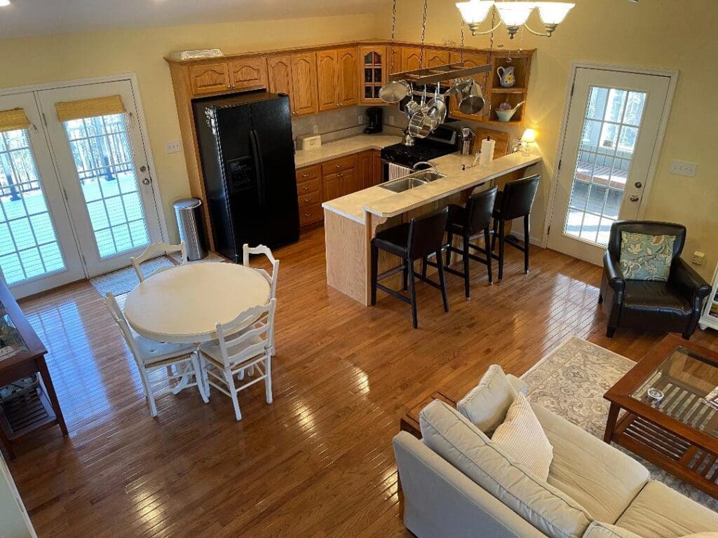 An aerial view of a kitchen and dining room.