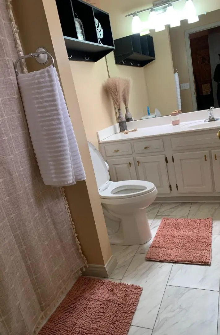 A bathroom with a sink, toilet and a pink rug.