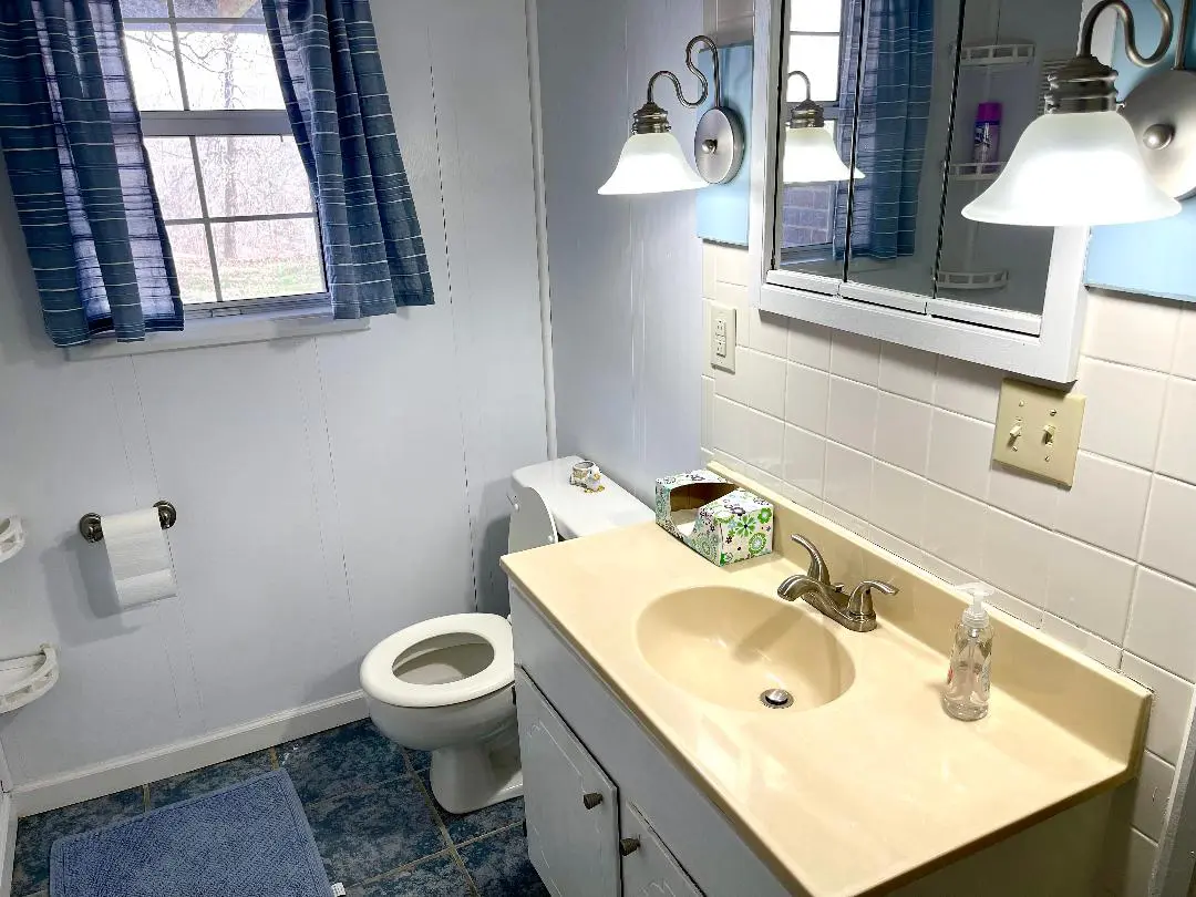 A well-lit, clean bathroom with a toilet, sink vanity, and blue accents.